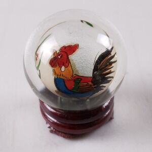 Vintage Chinese Reverse Painted Glass Paperweight Rooster Ball Wood Base Box Art